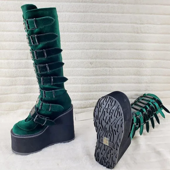 Swing Emerald Green Velvet Goth Punk Multi Strap Platform Restocked - Picture 4 of 14